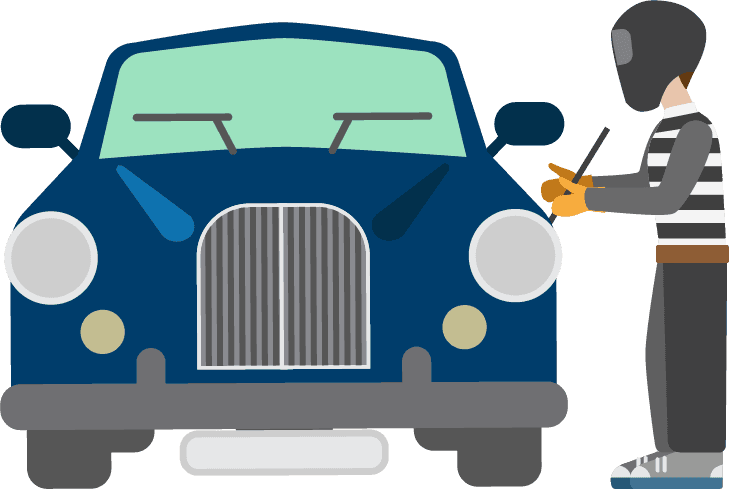 Illustration of a person in a striped shirt and mask writing near a classic car.