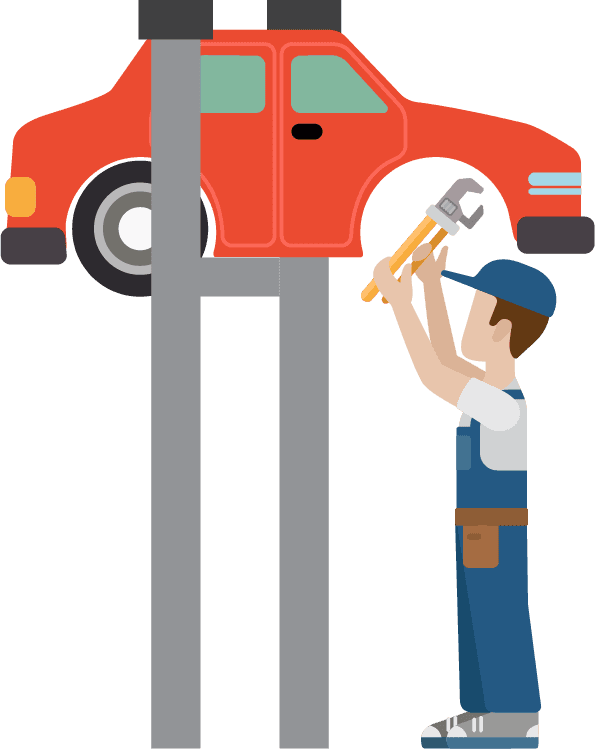 Illustration of a mechanic using a wrench on a red car lifted on a hydraulic lift.